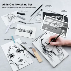 All-in-one professional sketching drawing set with pencils charcoal erasers and art accessories.