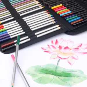 Detailed view of colored pencil set with black canvas case and lotus drawing artwork.
