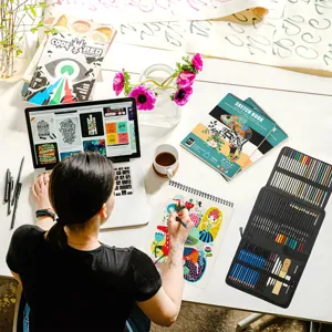 Detailed view of the 72-piece sketching colored pencil set displayed on a creative art desk.