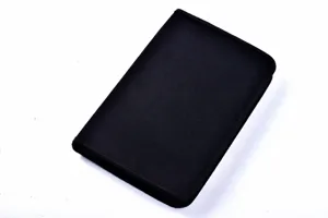 Close-up of the black zippered storage case detail, showing the durable fabric exterior and closure.