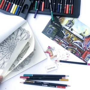 Detail view of 75-piece colored pencil set with drawing tools, coloring books and accessories.