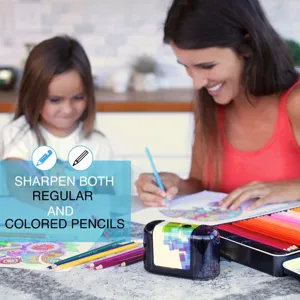 Temperamatite elettrico per matite normali e colorate con contenitore trasparente.