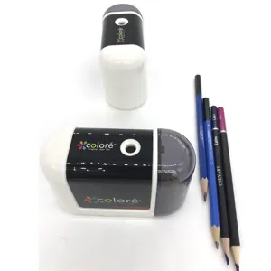Temperamatite elettrico con arresto automatico, elegante design nero e bianco per ufficio.