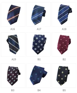 Detail view of men's business neckties with various stylish striped and dotted pattern options.