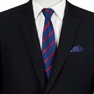 Men's business formal striped necktie, classic blue and red tie displayed on mannequin.