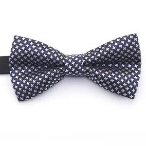 Classic blue and silver houndstooth bow tie for men and women formal wedding business wear.