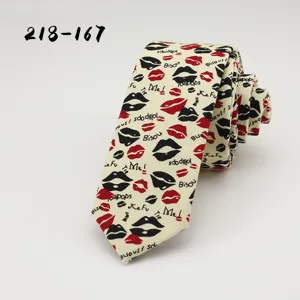 Vintage cotton printed necktie for men, stylish slim tie with red black lip patterns, party wear.