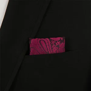 Men's magenta paisley pocket square detail view, premium jacquard suit handkerchief accessory