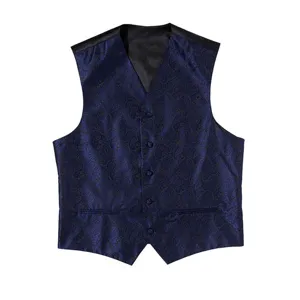 Men's classic blue paisley jacquard suit vest waistcoat, detailed view of elegant V-neck design.