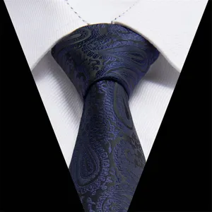 Close-up of a sophisticated blue and black paisley jacquard woven necktie detail shot.