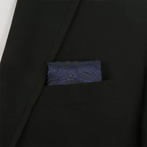 Navy blue paisley pocket square for men, elegant jacquard wedding party suit accessory.