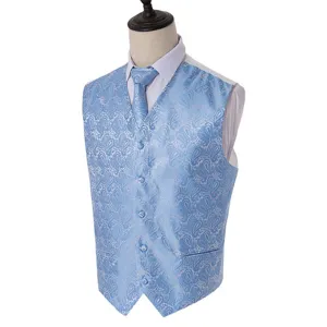 Blue paisley jacquard men vest detail, party wedding waistcoat tie set showcase close-up.