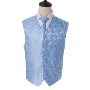 Men blue paisley jacquard vest tie set slim fit wedding party formal waistcoat set