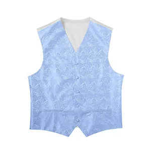 Men's light blue paisley jacquard vest detail, slim fit silk wedding party waistcoat.