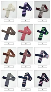 Men's fashion knitted flat-end tie with assorted stripe and dot jacquard patterns detail.