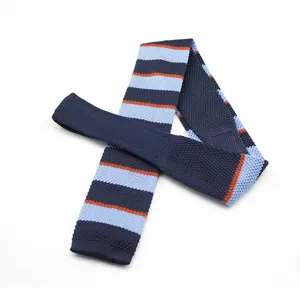 Men's knit necktie featuring classic horizontal stripes in navy blue, light blue, and orange.