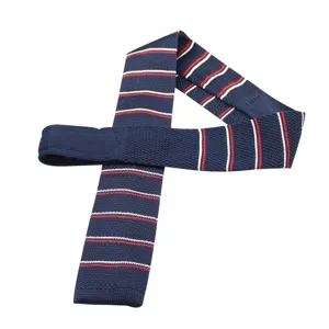 Men's knitted flat-end necktie with navy blue and red white striped design for formal wear.