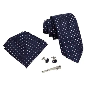 Conjunto de corbata pañuelo gemelos y pinza de corbata azul marino con patron para hombre