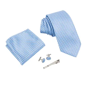 Conjunto de corbata azul con patrón geométrico pañuelo y gemelos para hombre de negocios.
