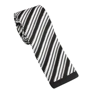 Men's stylish black and white striped knitted flat-end tie for casual and formal business wear.
