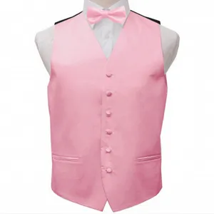 Men pink suit vest and bow tie set slim waistcoat for wedding party formal wear main view