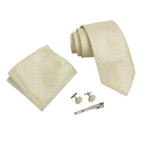 Conjunto de corbata amarilla de lunares para hombre con pañuelo gemelos vista principal.