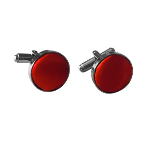 Men's elegant round red satin cufflinks with silver metal base for formal business shirts suits.