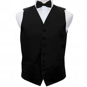 Men black suit vest with white shirt and bow tie set for wedding party formal wear slim fit waistcoat