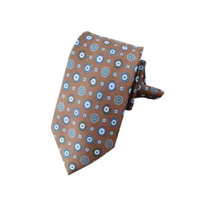 Men's business brown necktie featuring elegant blue and white geometric pattern for formal wear.