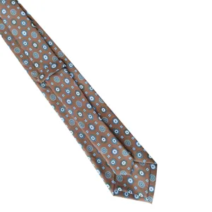 Brown mens classic necktie with blue white medallion geometric pattern formal business wear