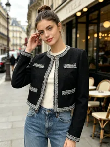 Frans Chic Zwart Tweed Kort Jasje Voor Dames Elegant Ronde Hals Patchwork Franjerand Celebrity Stijl Outwear Top