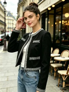 Chique zwarte tweed korte jas in Franse stijl met een elegante witte contrastrand.