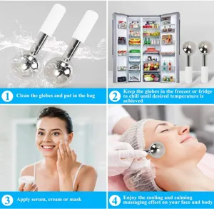 Esferas de hielo faciales de acero inoxidable para masaje refrescante y calmante en piel.