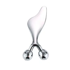 Zinc alloy manual face roller massager, heart shaped dual ball facial lifting tool for skin care.