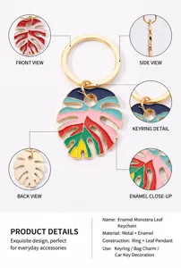 Colorful monstera leaf enamel keychain detail view, stylish metal keyring accessory for bags.
