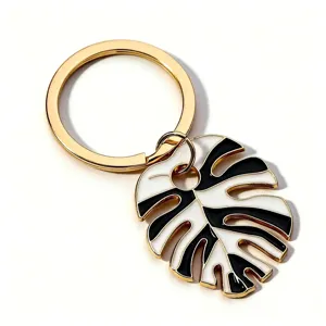 Gold Metal Keychain Black White Enamel Tropical Monstera Leaf Key Ring Bag Charm