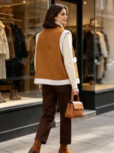 Dames corduroy vest winter warm mouwloos sherpa afwerking revers in stijl bruin