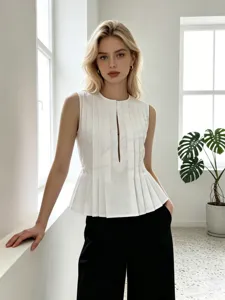 Women Elegant Cotton Pleated Sleeveless Top Slit Front Tie Back Waist Peplum Blouse Solid Color Slim Fit Vest Top