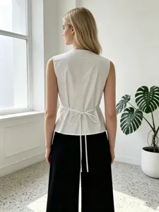 White sleeveless back-tie cinched waist women's vest top, stylish detail back view design.