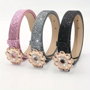 Women Rhinestone Flower Buckle PU Leather Belt Sparkling Sequin Casual Decorative Belt For Jeans Women Accessories