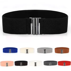 Women Wide Elastic Waist Belt Vintage Stretch Cinch Belt Dress Coat Waistband Interlocking Metal Buckle Fashion Accessories