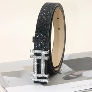 Strass riem voor dames, zwarte pailletten taille riem met glinsterende strass gesp detail.