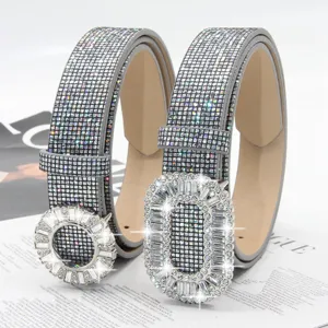 Women Fashion Rhinestone Waist Belt PU Leather Sparkly Crystal Dress Belt Alloy Buckle Casual Versatile Belt For Jeans