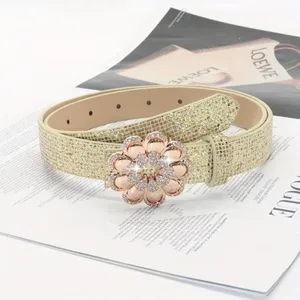 Rhinestone flower buckle rhinestone glitter belt stylish women waist belt fashion jeans accessory