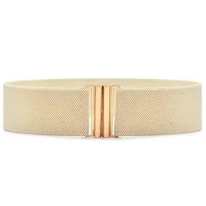 Detailed close-up of beige elastic wide waist belt with elegant rose gold metal hook buckle.