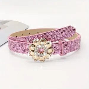 Pink rhinestone women belt with crystal flower buckle detail shot showing sparkling glitter design.