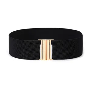 Black elastic wide waist belt for women, stylish gold metal clasp cinch corset main view.