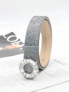 Stylish women's grey rhinestone glitter belt with sparkling round crystal buckle detail