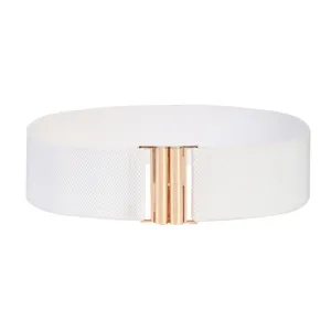 Close-up detail of a women's white elastic wide waist belt featuring a gold metal interlock buckle.