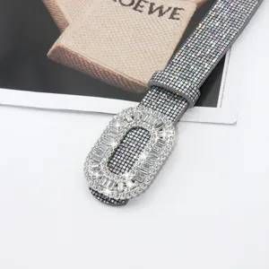 Women sparkling rhinestone square buckle belt trendy fashion crystal slim belt for jeans